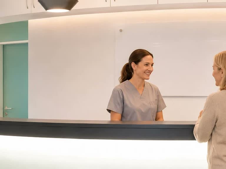 Mitarbeiterin am Empfangstresen im Gespräch mit einer Patientin